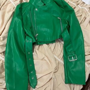 Green crop Leather Jacket
